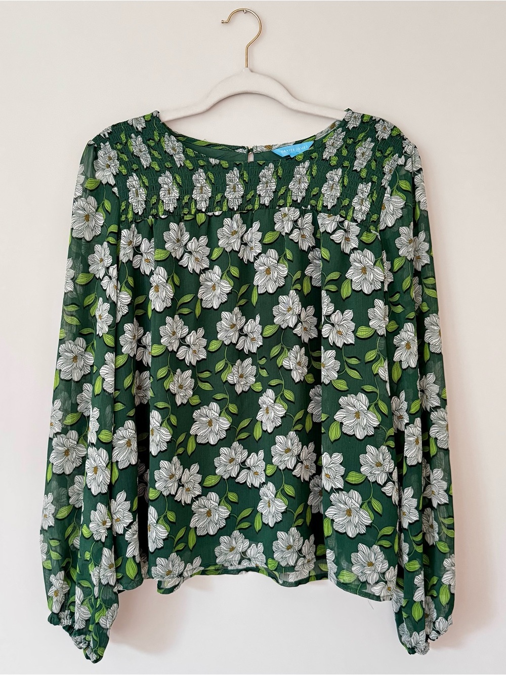 NWOT Draper James Smocked Woven Blouse, Green Magnolia Floral Print – Size XL